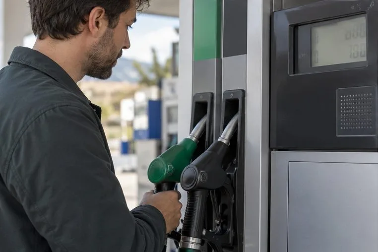 Un automobilista controlla gli erogatori e il display prima di usare una pompa self-service
