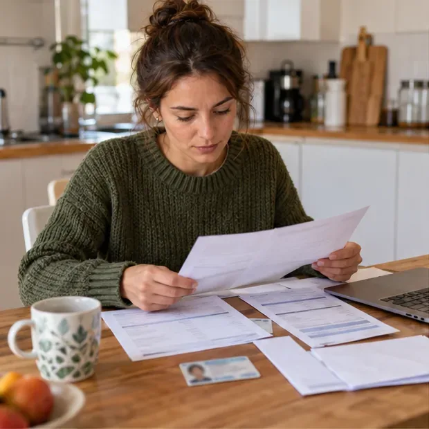 Une personne examine des bulletins et des documents posés sur une table avant une démarche
