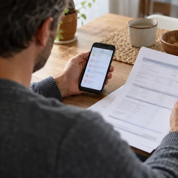 Une personne vérifie des informations sur son téléphone à côté d’un document posé sur la table