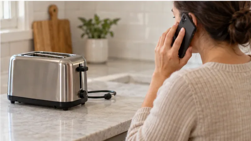 A countertop toaster sits aside while its owner calls a retailer for recall instructions