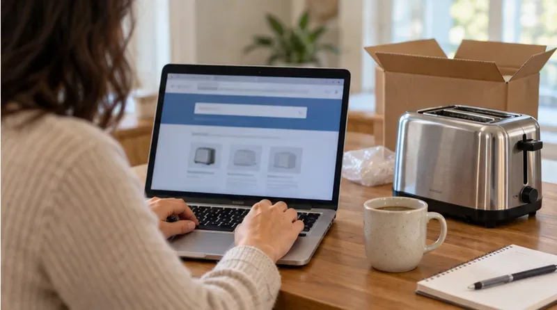 A consumer searches for recall information on a laptop with a toaster and its box on the table