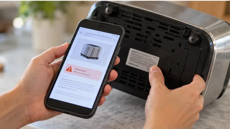 A hand compares the identification label on a toaster with a recall notice displayed on a phone