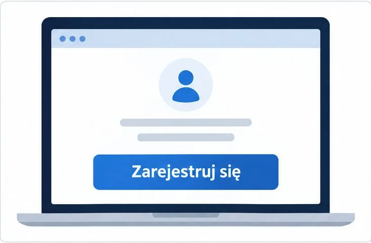 Schematyczny ekran dostępu z niebieskim przyciskiem Zarejestruj się