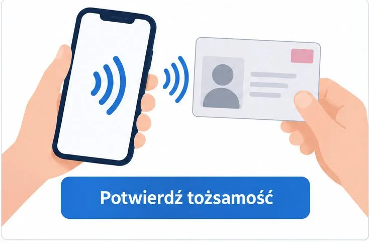 Schemat telefonu z NFC zbliżanego do elektronicznego dowodu osobistego przy potwierdzaniu tożsamości