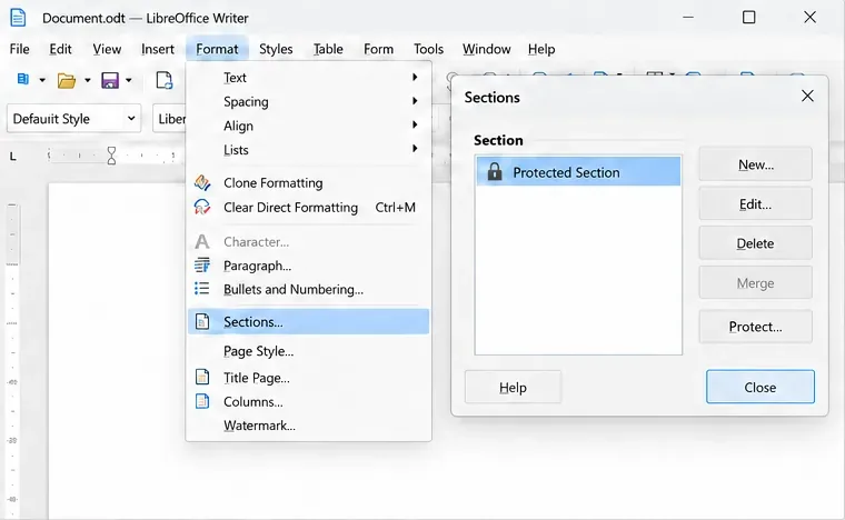 LibreOffice Writer 格式選單在「節」對話方塊旁打開,「受保護節」旁邊有一個閉合的鎖。