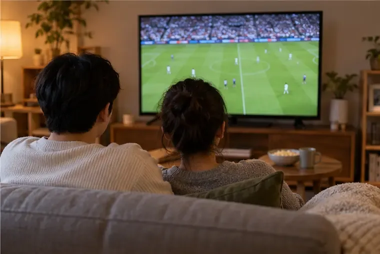 거실 소파에 앉은 두 사람이 텔레비전으로 축구 경기를 시청하는 모습