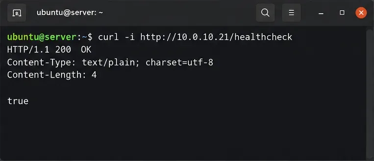 Terminal controleert http://10.0.10.21/healthcheck en toont HTTP 200 met 'true' in de responsbody.