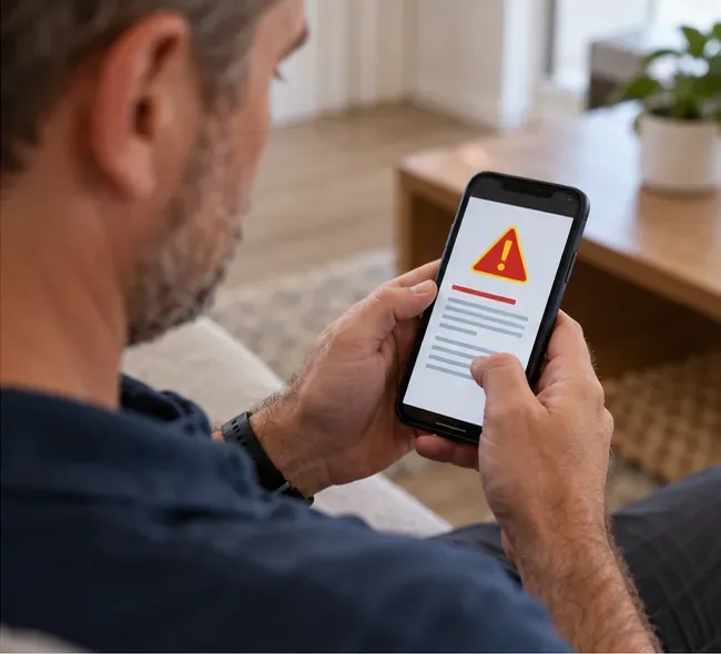 A resident reads a severe weather alert on a cell phone while sitting at home.