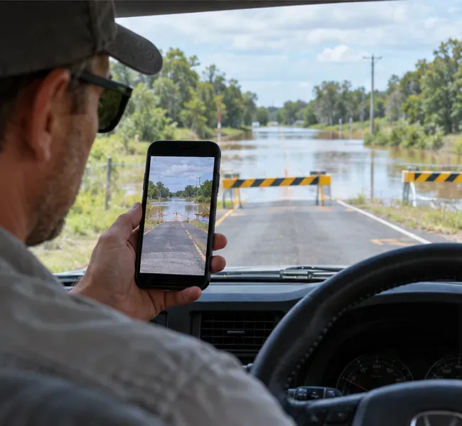 A motorist checks a cell phone while stopped behind a road barricade, with floodwater visible beyond the closure.