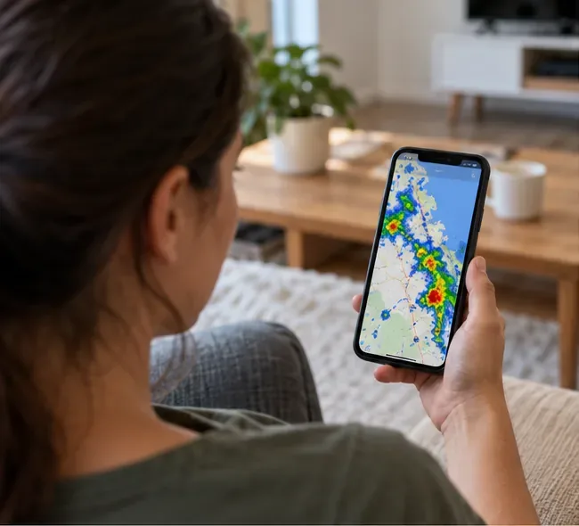 A resident indoors looks at a cell phone displaying a rain radar map with colored rainfall bands.