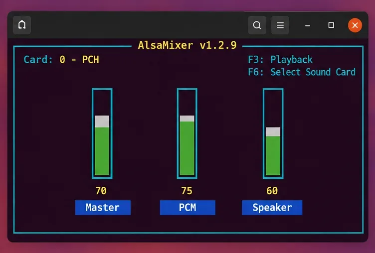 Visualização ilustrativa da reprodução do alsamixer com os controles Master, PCM e Speaker mantidos abaixo do máximo.