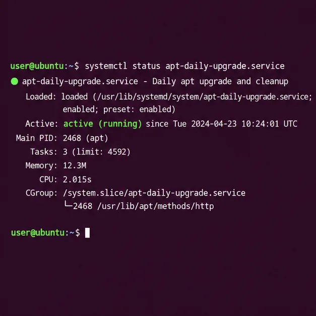 يُظهر مُخرج أمر systemctl status في نظام أوبونتو أن خدمة apt-daily-upgrade.service نشطة مع عملية apt.