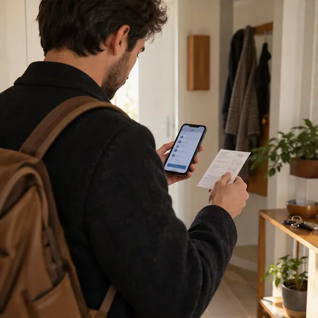 Un visiteur vérifie son téléphone et une note avant de partir.