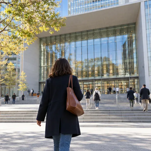 Un visiteur s’approche de l’entrée vitrée d’une bibliothèque contemporaine.