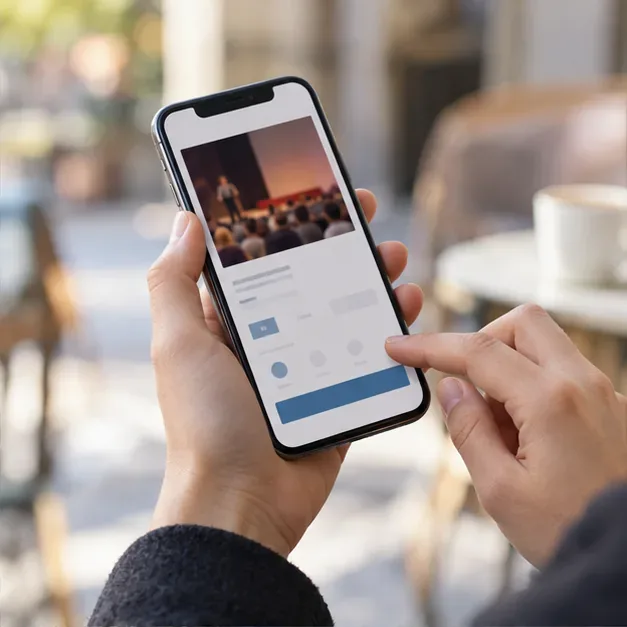 Une personne consulte sur son téléphone une page de réservation pour un événement culturel.