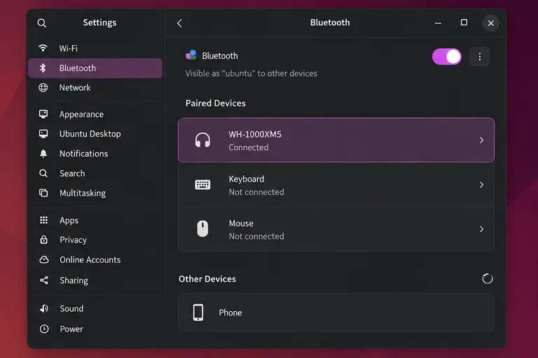 Le impostazioni Bluetooth di Ubuntu mostrano un auricolare associato contrassegnato come Connesso.
