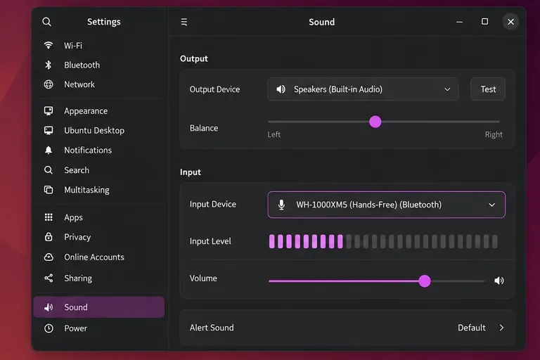 Impostazioni audio di Ubuntu con microfono Bluetooth vivavoce selezionato e indicatore del livello di ingresso