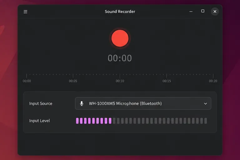 Una finestra di registrazione audio con il microfono di un auricolare Bluetooth selezionato e il relativo indicatore di livello di ingresso.