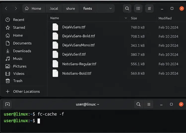 Linux file manager showing a user-level fonts folder above a font-cache refresh command