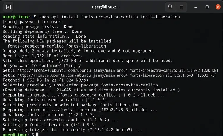 Linux terminal installing the Carlito and Liberation font packages with apt