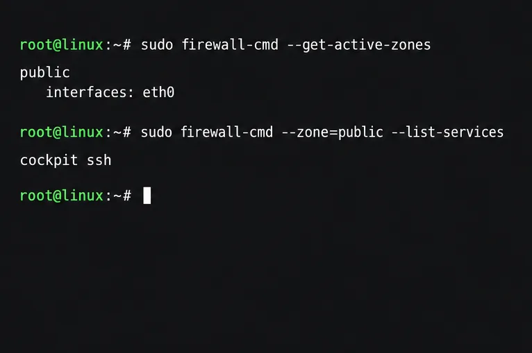 Illustrative firewalld commands showing the active zone and the services allowed in the public zone