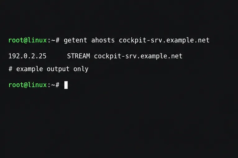 Illustrative terminal lookup for cockpit-srv.example.net returning the reserved sample address 192.0.2.25