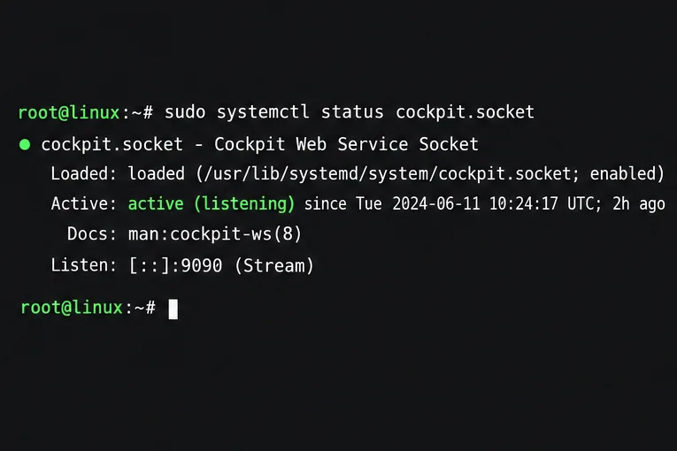 Illustrative systemctl status output showing cockpit.socket active and listening on port 9090