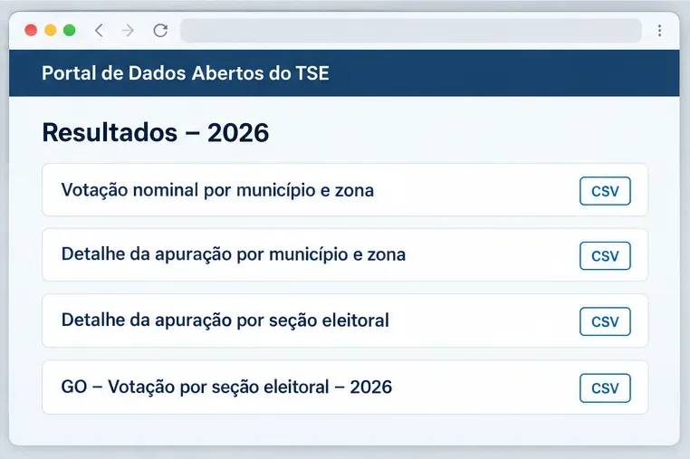 Página esquemática do Portal de Dados Abertos do TSE listando arquivos de votação nominal e detalhes da apuração por município, zona e seção em formato CSV.