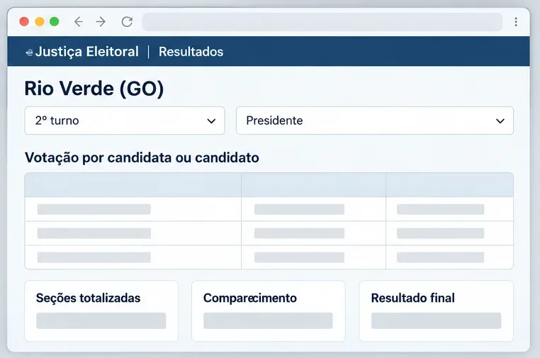 Tela esquemática de resultados para Rio Verde, Goiás, no segundo turno para Presidente, com áreas de votação, seções totalizadas, comparecimento e resultado final sem números.