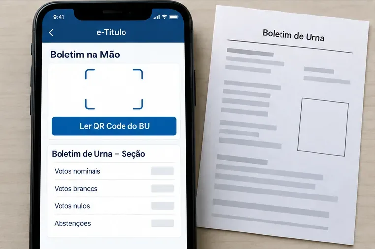 Celular com o e-Título e o recurso Boletim na Mão ao lado de um boletim de urna impresso, com campos para votos nominais, brancos, nulos e abstenções.
