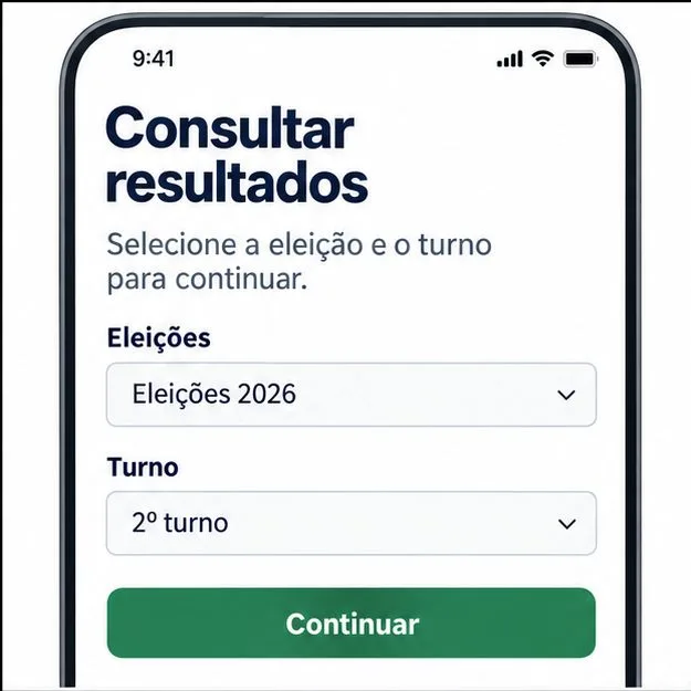 Tela esquemática para selecionar Eleições 2026 e o segundo turno, com botão Continuar.