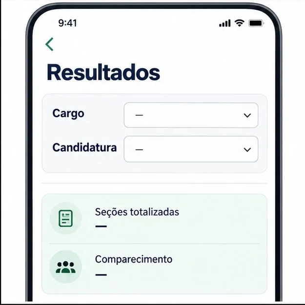 Tela esquemática de resultados com filtros Cargo e Candidatura e indicadores Seções totalizadas e Comparecimento.