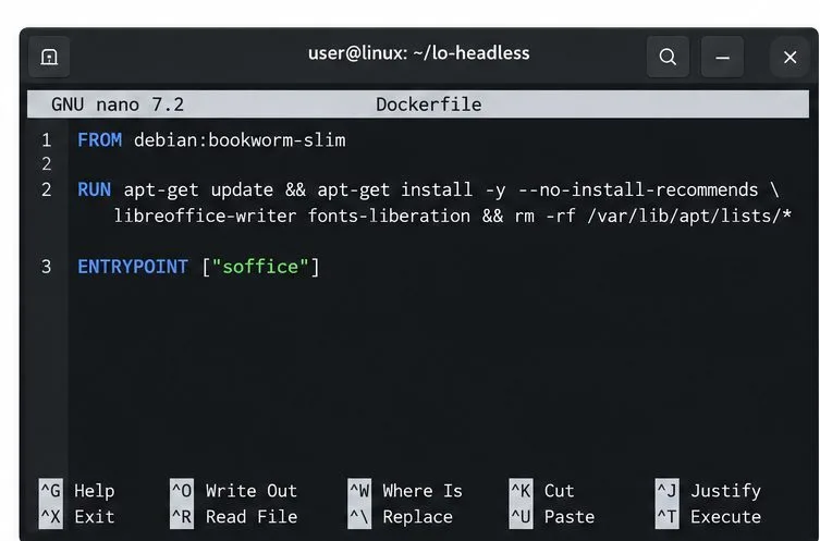 LibreOffice WriterとフォントがインストールされたDebianベースのDockerfileを表示するターミナルエディタ