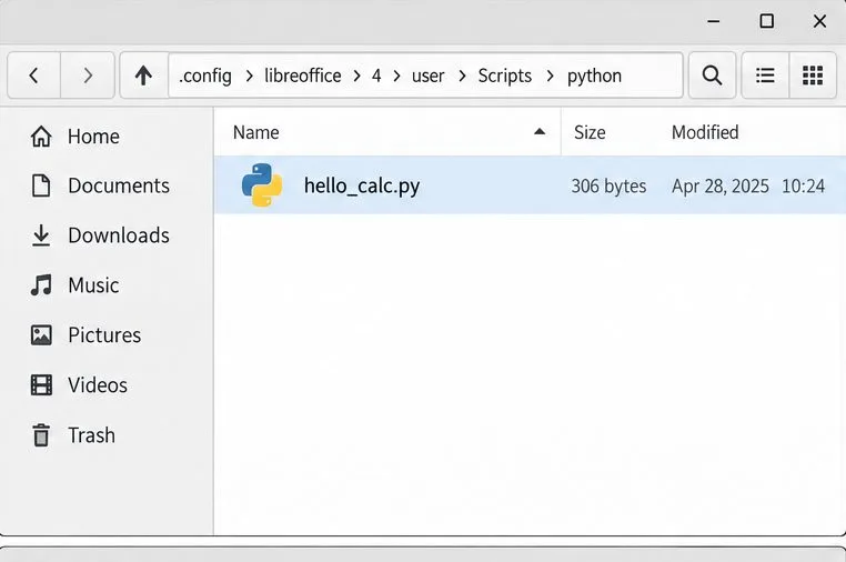 A Python file named hello_calc.py in LibreOffice’s user Scripts/python folder