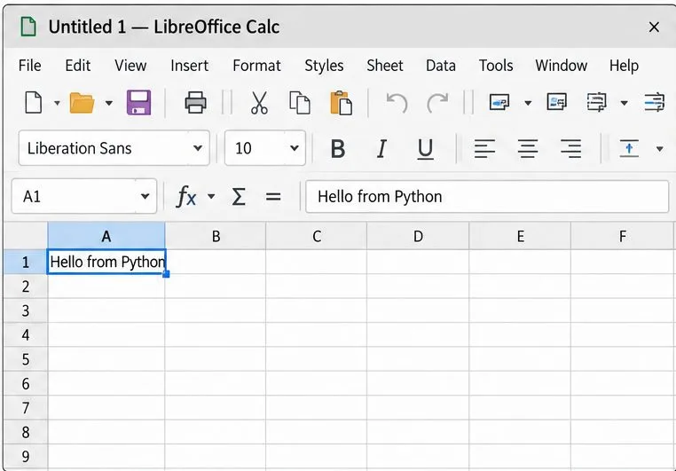 LibreOffice Calc showing Hello from Python in selected cell A1