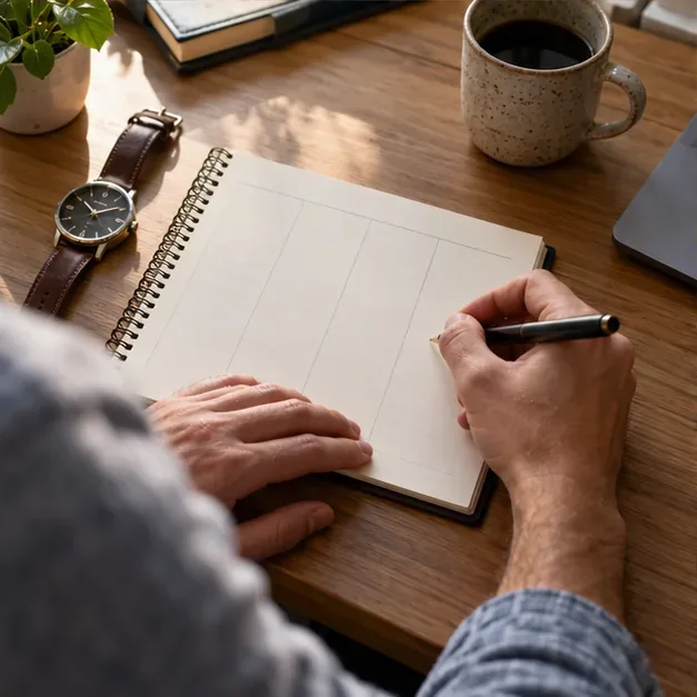 Uma pessoa escreve em uma agenda semanal em branco ao lado de um relógio de pulso e uma caneca de café em uma escrivaninha de madeira.