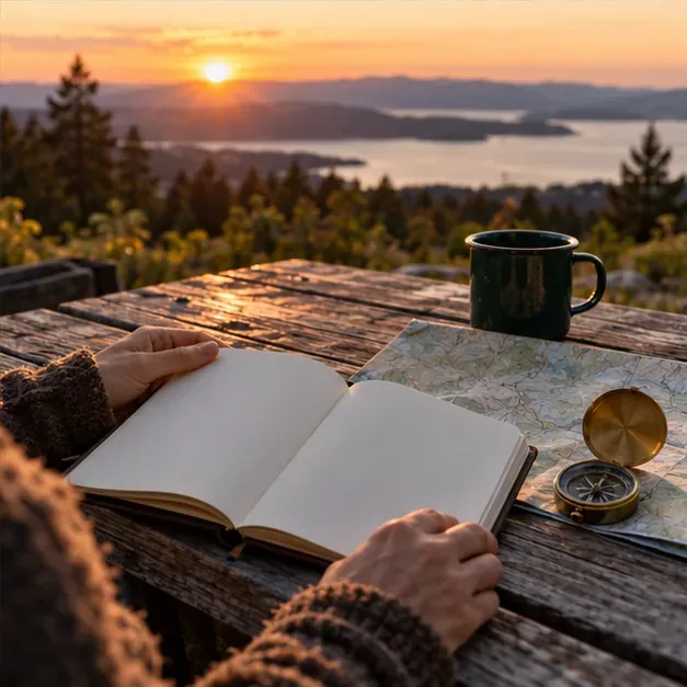 Um diário aberto, um mapa dobrado, uma bússola de latão e uma caneca estão sobre uma mesa de piquenique com vista para um lago ao pôr do sol.