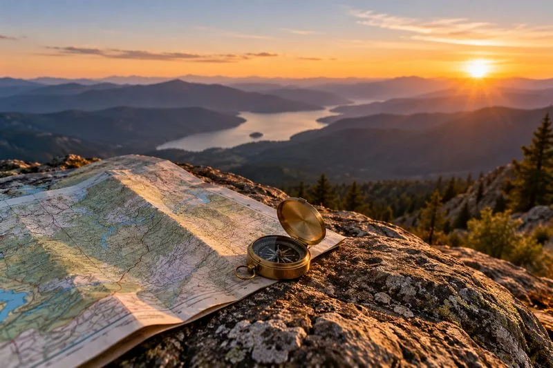 A folded trail map and brass compass on a rocky mountain overlook at sunrise, with distant ridgelines