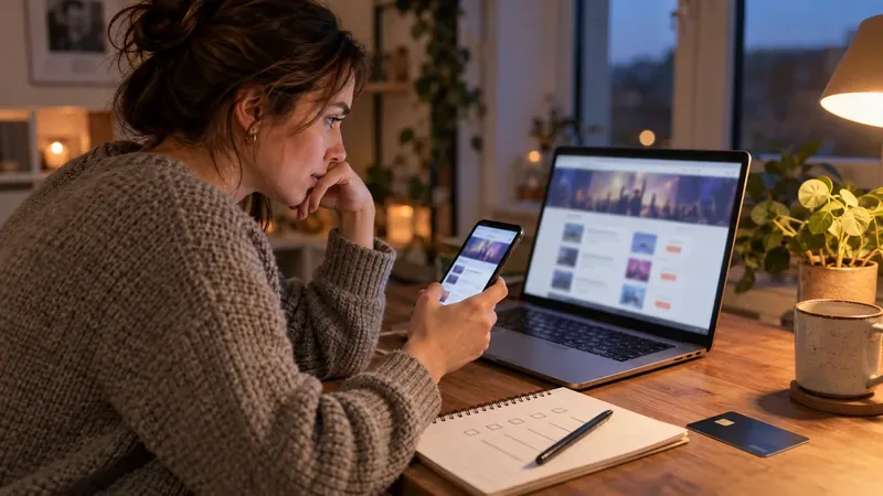 A fan reviews concert ticket listings on a laptop and smartphone at a desk.