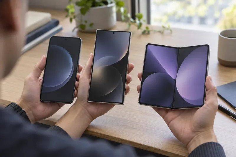 Three phones held side by side: two conventional smartphones and one open book-style foldable, showing different Galaxy form factors.