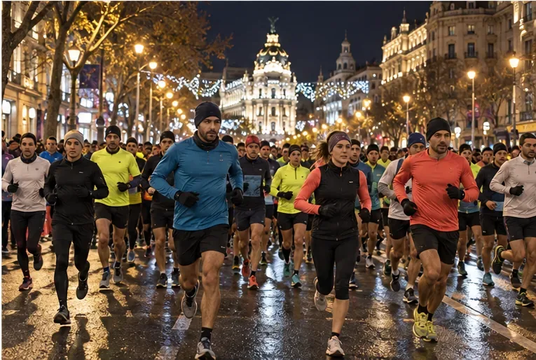 Un grupo de corredores avanza por una avenida urbana iluminada durante una carrera nocturna.