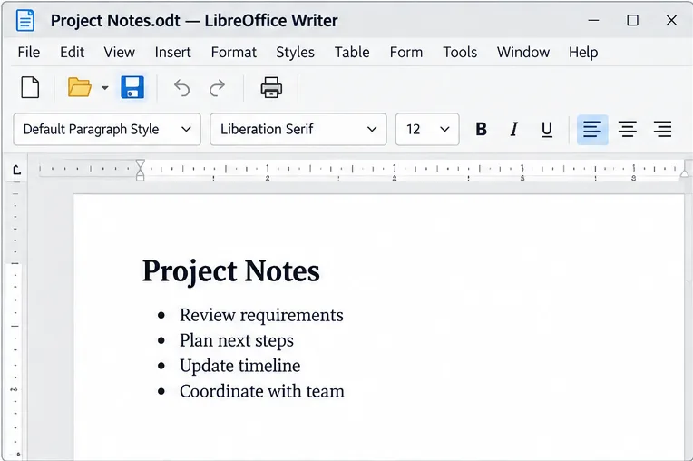 Illustrative LibreOffice Writer document with the Save control visible after a user saves