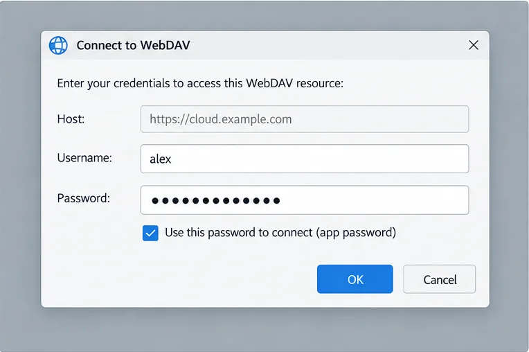 Illustrative WebDAV sign-in dialog with a username and masked app password