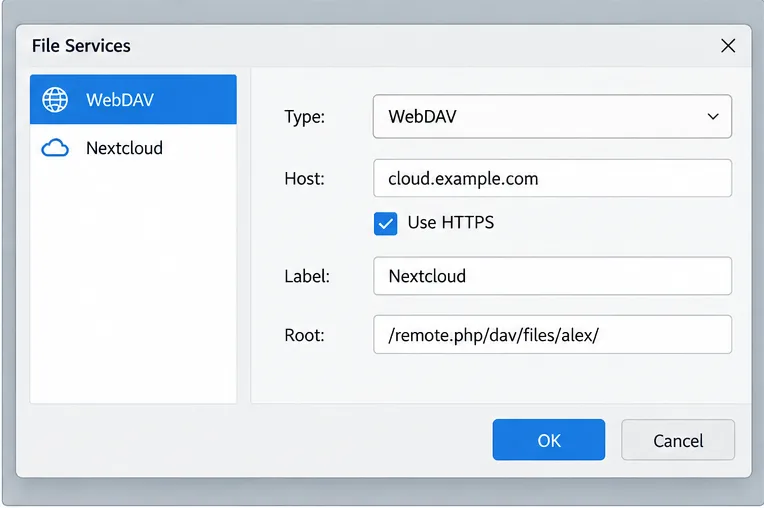 Illustrative File Services dialog with WebDAV type, HTTPS enabled, Nextcloud label, and account root path