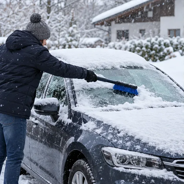 Eine Person entfernt mit einer Schneebürste Schnee von der Windschutzscheibe eines geparkten Autos