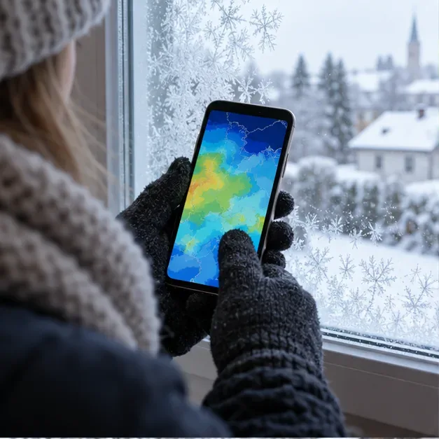 Eine Person mit Handschuhen prüft auf dem Smartphone eine farbige Wetterkarte vor einem vereisten Fenster
