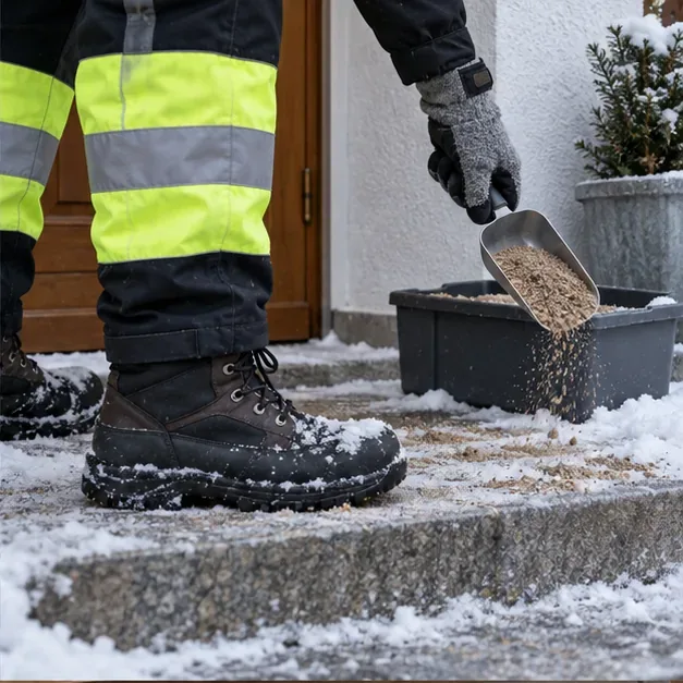Winterstiefel mit Profilsohle neben einem Behälter mit abstumpfendem Streugut an einer verschneiten Haustreppe