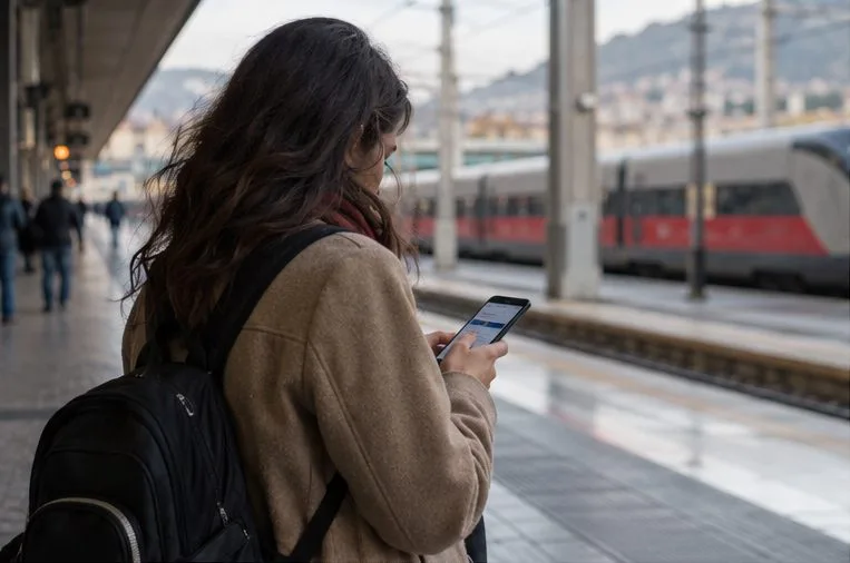Una viaggiatrice controlla il telefono sulla banchina mentre un treno è fermo al binario.