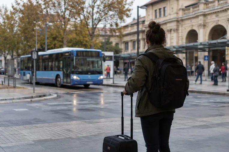 Una viaggiatrice con valigia guarda un autobus davanti a una stazione italiana.