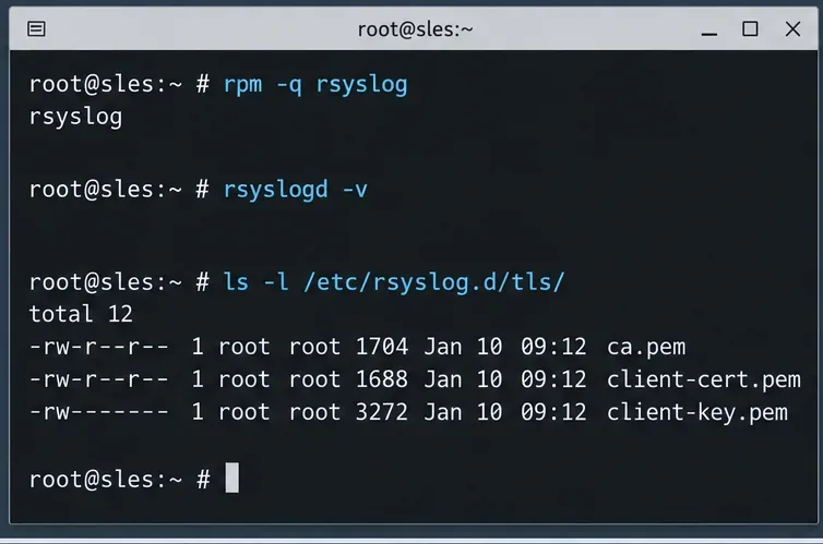 Terminalfenster mit Anzeige der rsyslog-Paketprüfungen sowie der CA-, Clientzertifikat- und privaten Schlüsseldateien für den SLES-Sender.